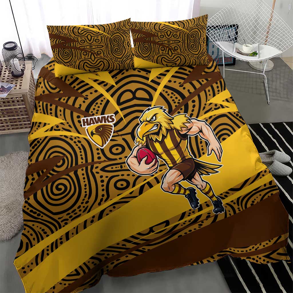 Hawthorn Hawks Australian Football Bedding Set Fierce Bird Mascot With Indigenous Pattern Art