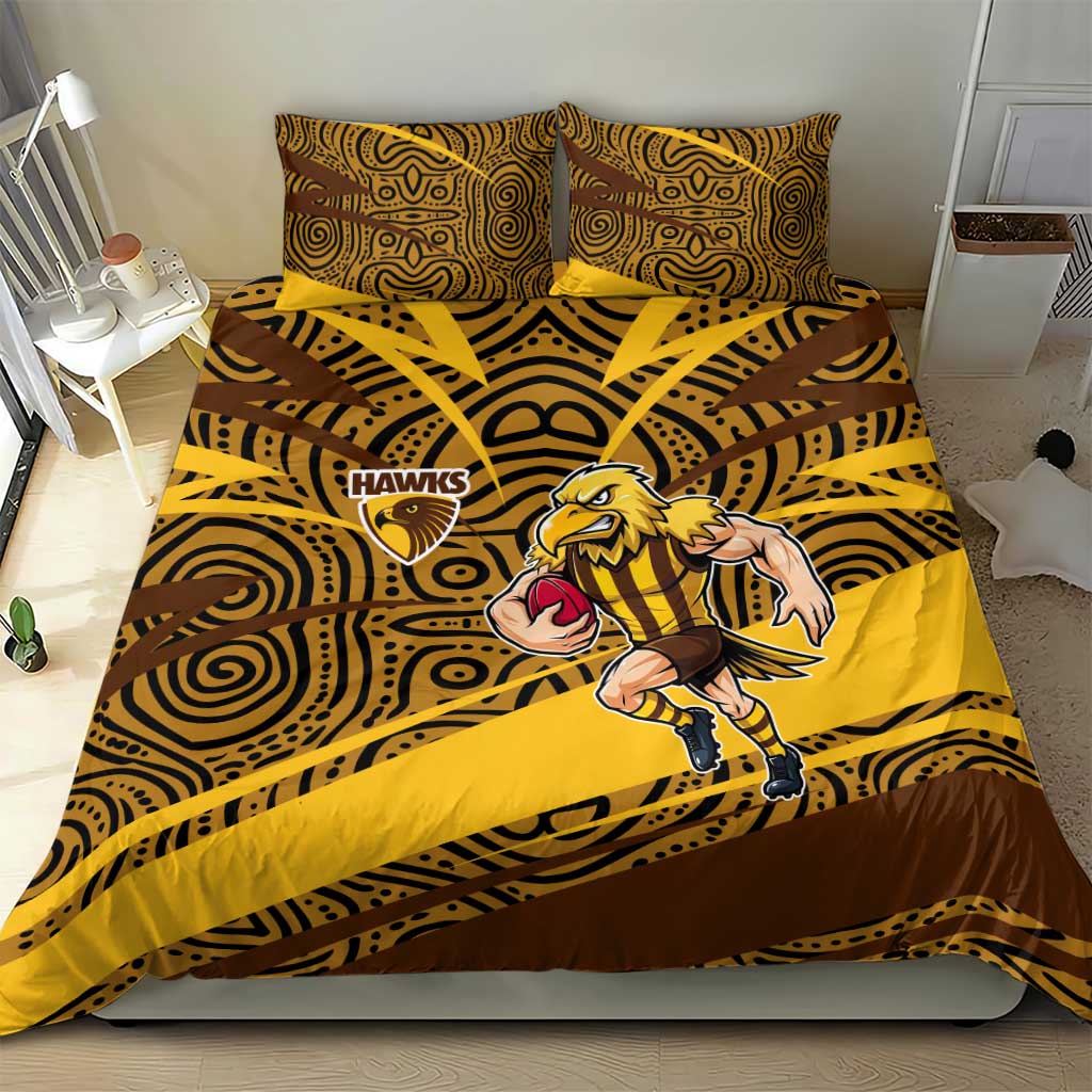 Hawthorn Hawks Australian Football Bedding Set Fierce Bird Mascot With Indigenous Pattern Art