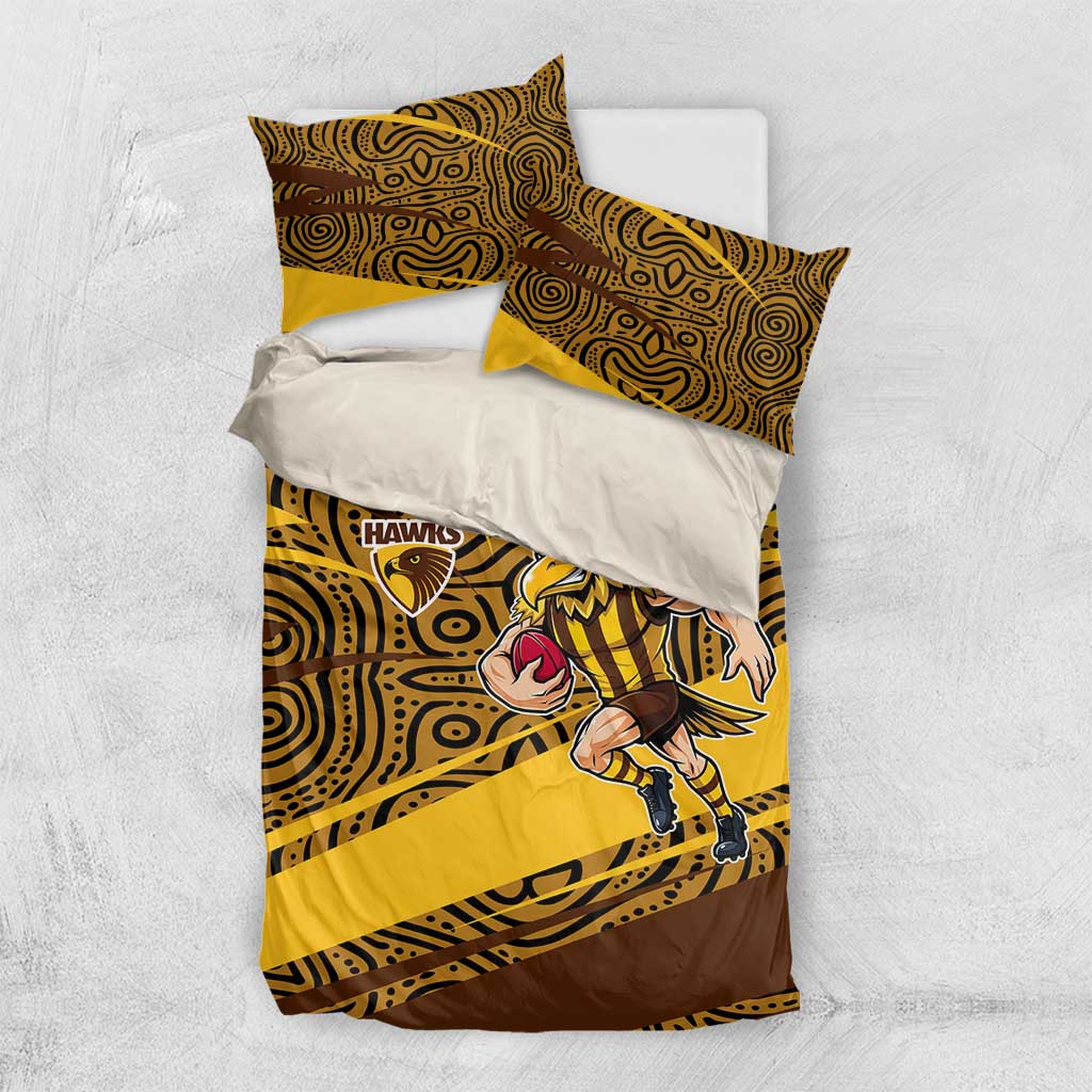 Hawthorn Hawks Australian Football Bedding Set Fierce Bird Mascot With Indigenous Pattern Art