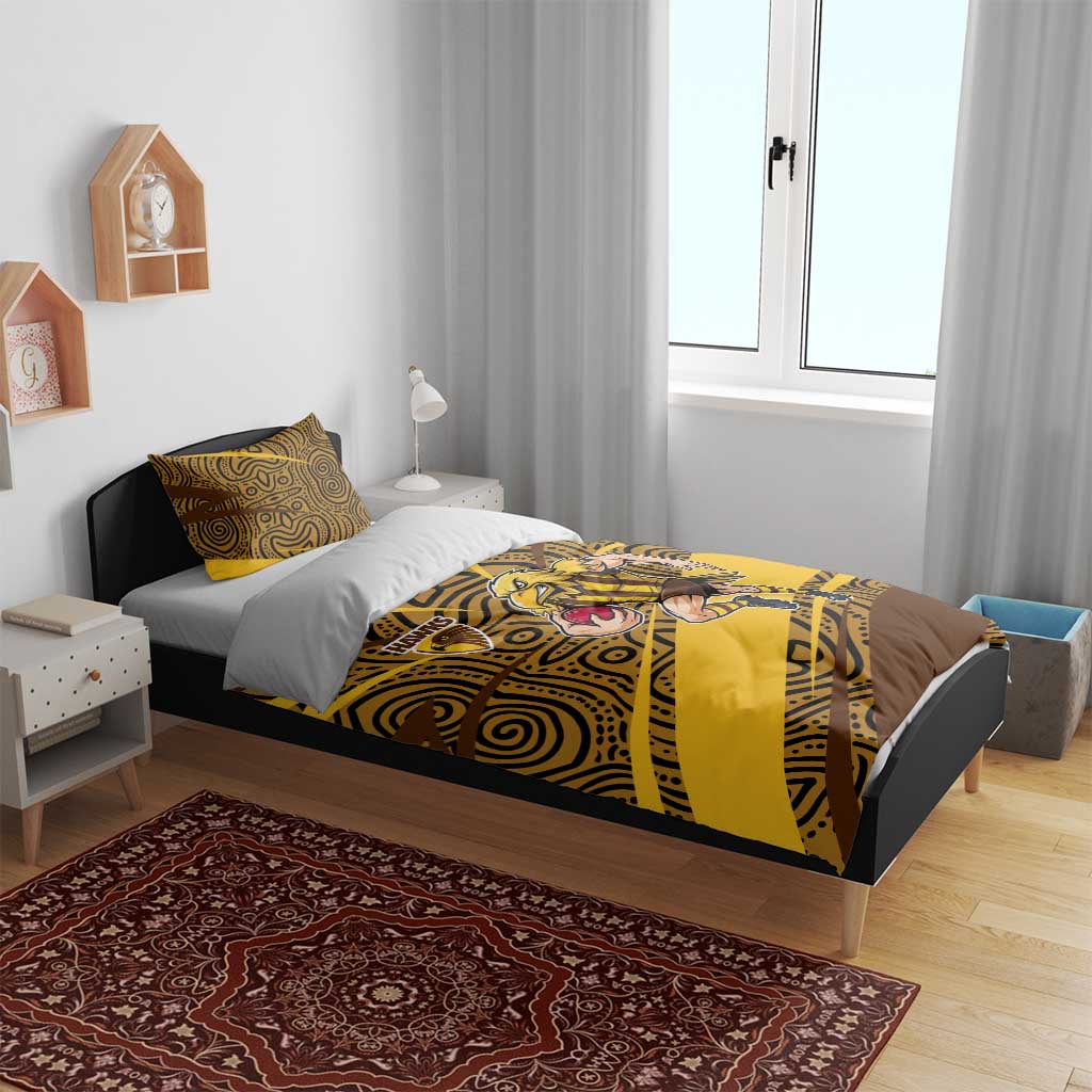 Hawthorn Hawks Australian Football Bedding Set Fierce Bird Mascot With Indigenous Pattern Art