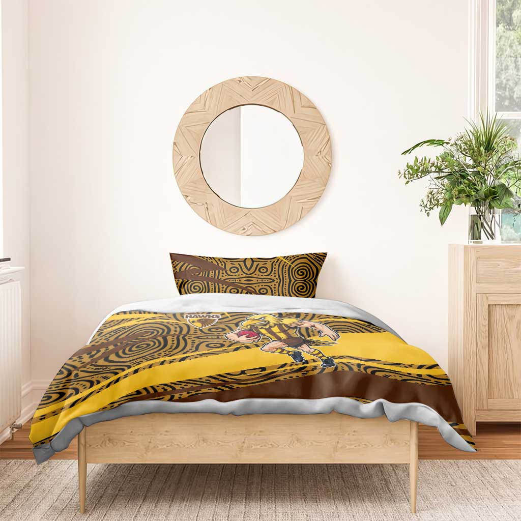 Hawthorn Hawks Australian Football Bedding Set Fierce Bird Mascot With Indigenous Pattern Art