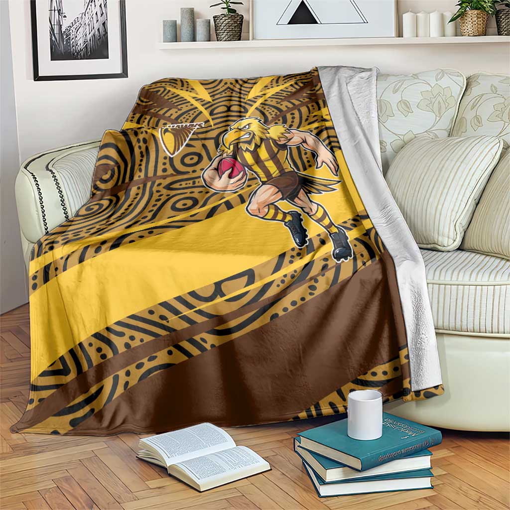 Hawthorn Hawks Australian Football Blanket Fierce Bird Mascot With Indigenous Pattern Art