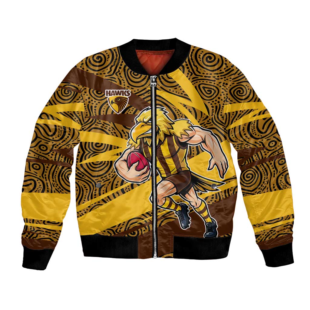 Hawthorn Hawks Australian Football Bomber Jacket Fierce Bird Mascot With Indigenous Pattern Art