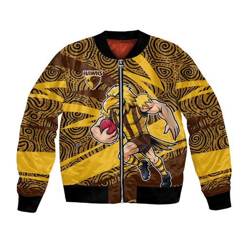Hawthorn Hawks Australian Football Bomber Jacket Fierce Bird Mascot With Indigenous Pattern Art