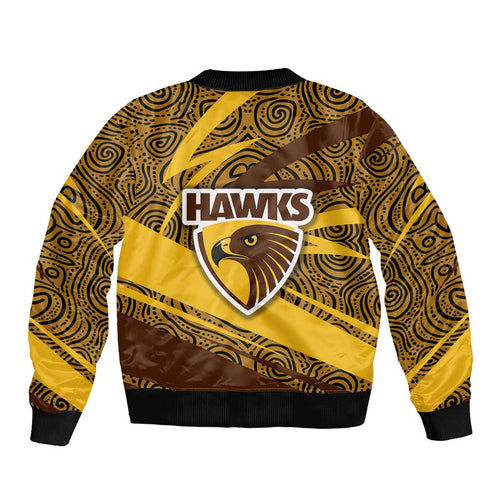 Hawthorn Hawks Australian Football Bomber Jacket Fierce Bird Mascot With Indigenous Pattern Art