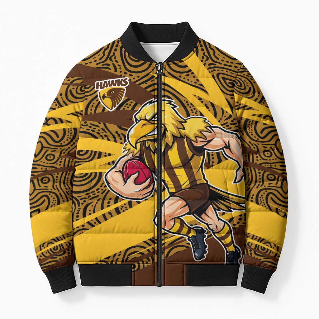 Hawthorn Hawks Australian Football Bomber Puffer Jacket Fierce Bird Mascot With Indigenous Pattern Art