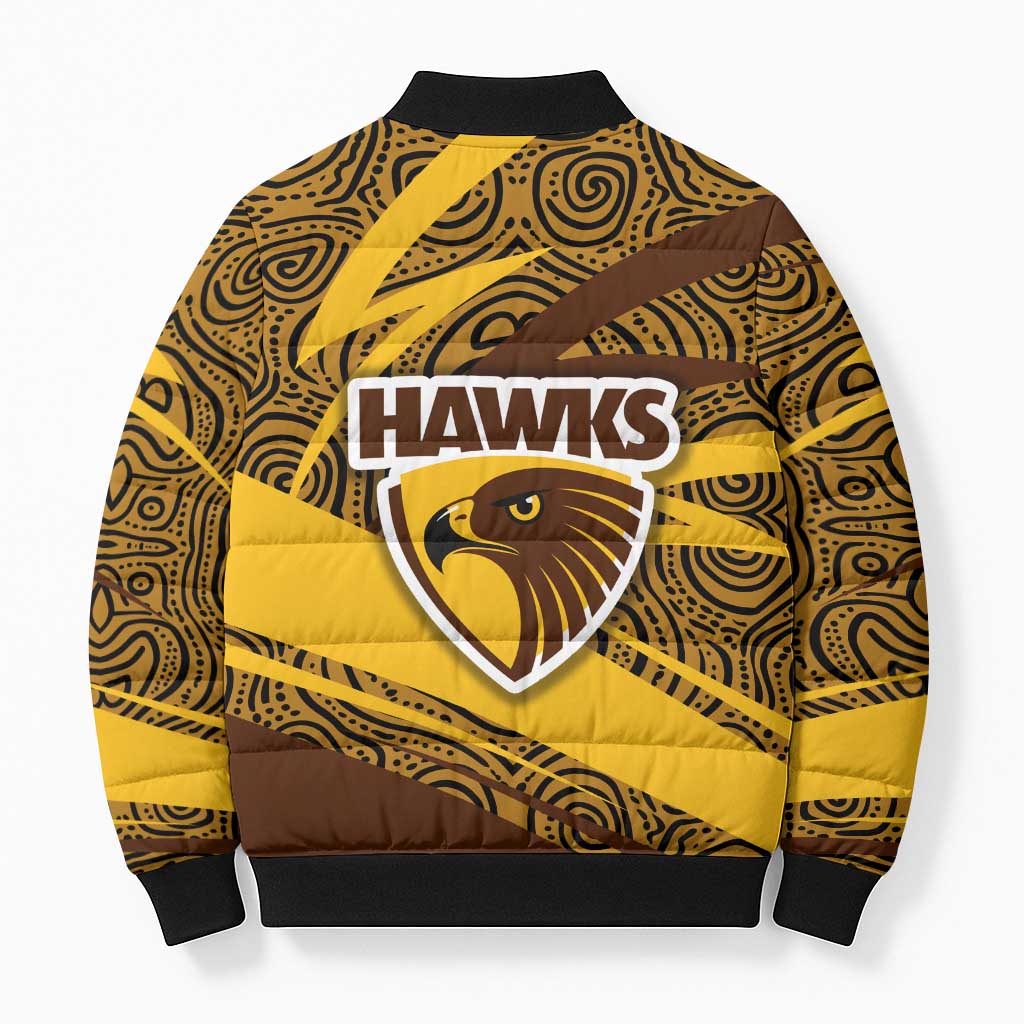 Hawthorn Hawks Australian Football Bomber Puffer Jacket Fierce Bird Mascot With Indigenous Pattern Art