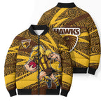 Hawthorn Hawks Australian Football Bomber Puffer Jacket Fierce Bird Mascot With Indigenous Pattern Art