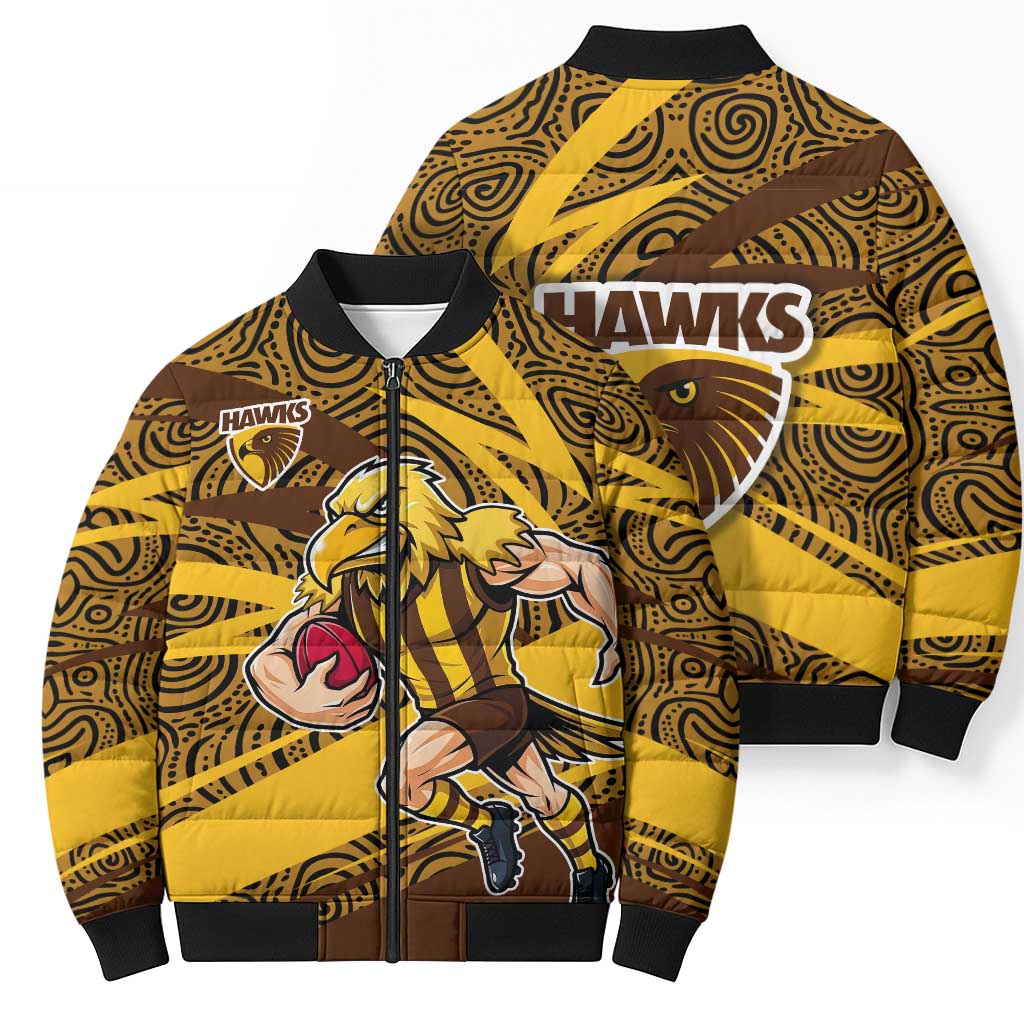 Hawthorn Hawks Australian Football Bomber Puffer Jacket Fierce Bird Mascot With Indigenous Pattern Art