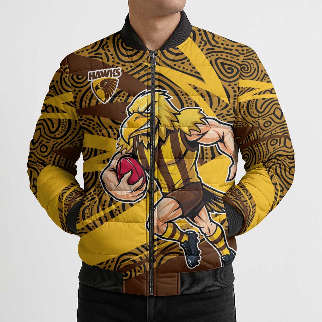 Hawthorn Hawks Australian Football Bomber Puffer Jacket Fierce Bird Mascot With Indigenous Pattern Art