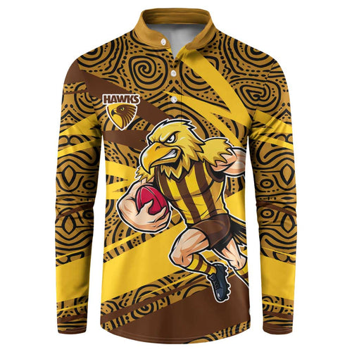 Hawthorn Hawks Australian Football Button Sweatshirt Fierce Bird Mascot With Indigenous Pattern Art