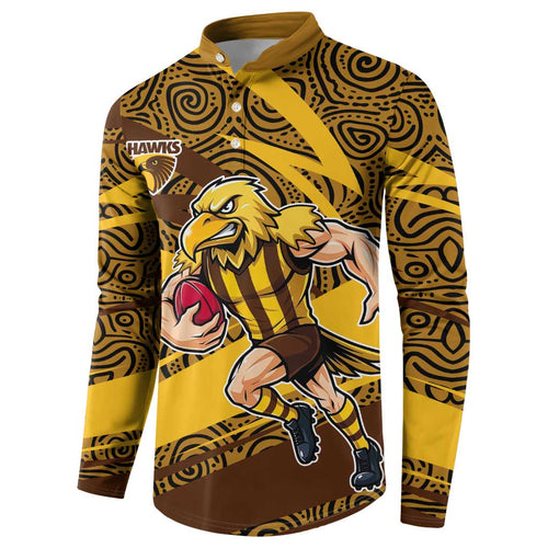 Hawthorn Hawks Australian Football Button Sweatshirt Fierce Bird Mascot With Indigenous Pattern Art