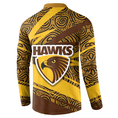 Hawthorn Hawks Australian Football Button Sweatshirt Fierce Bird Mascot With Indigenous Pattern Art