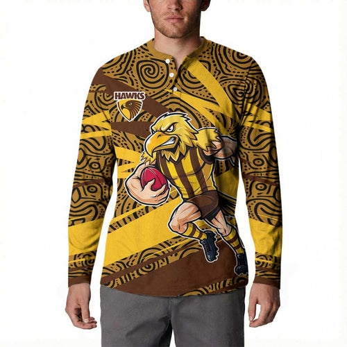Hawthorn Hawks Australian Football Button Sweatshirt Fierce Bird Mascot With Indigenous Pattern Art