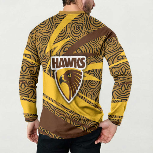 Hawthorn Hawks Australian Football Button Sweatshirt Fierce Bird Mascot With Indigenous Pattern Art
