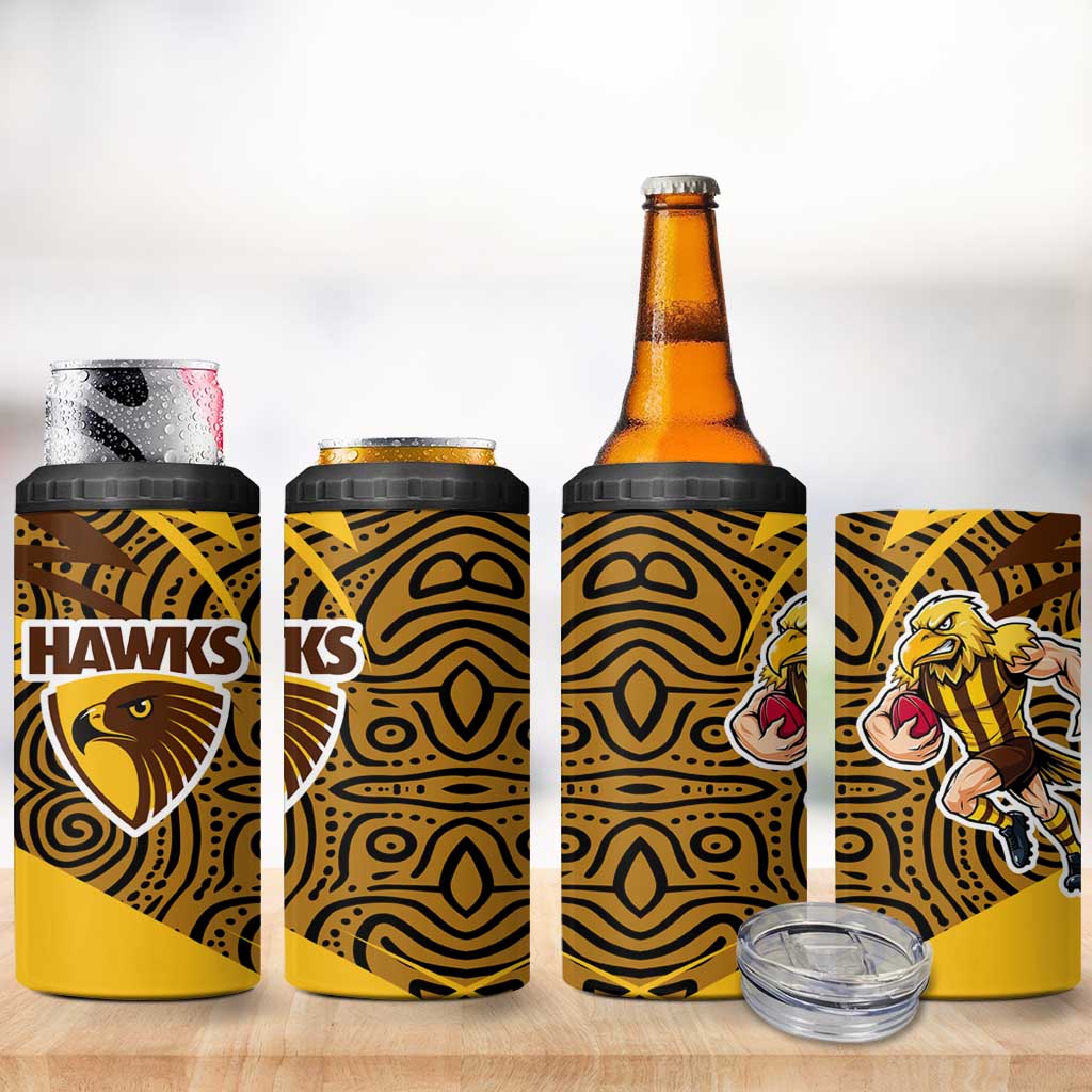 Hawthorn Hawks Australian Football 4 in 1 Can Cooler Tumbler Fierce Bird Mascot With Indigenous Pattern Art
