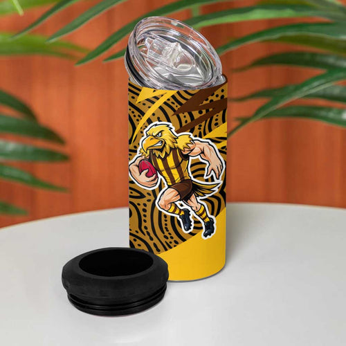 Hawthorn Hawks Australian Football 4 in 1 Can Cooler Tumbler Fierce Bird Mascot With Indigenous Pattern Art