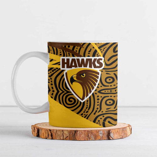 Hawthorn Hawks Australian Football Ceramic Mug Fierce Bird Mascot With Indigenous Pattern Art