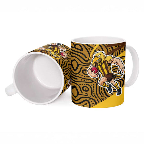 Hawthorn Hawks Australian Football Ceramic Mug Fierce Bird Mascot With Indigenous Pattern Art