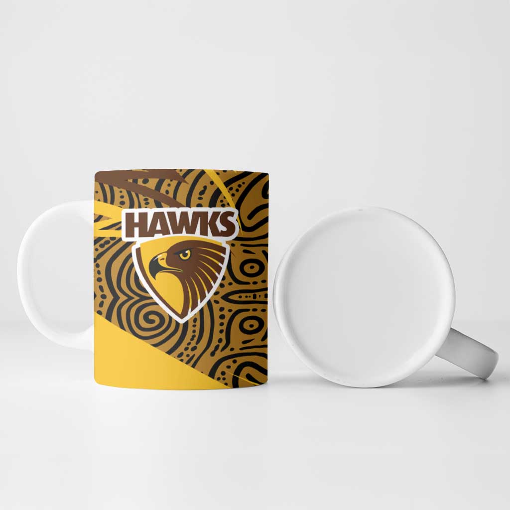 Hawthorn Hawks Australian Football Ceramic Mug Fierce Bird Mascot With Indigenous Pattern Art