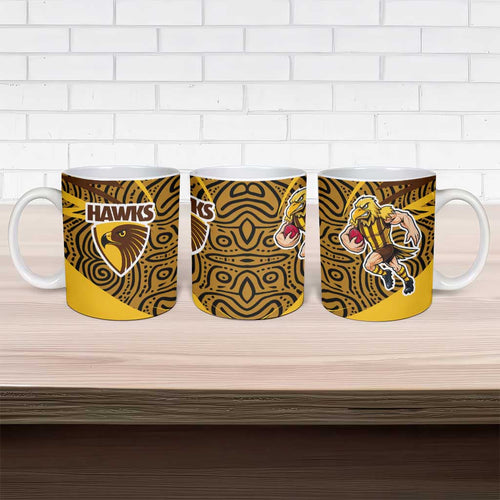Hawthorn Hawks Australian Football Ceramic Mug Fierce Bird Mascot With Indigenous Pattern Art