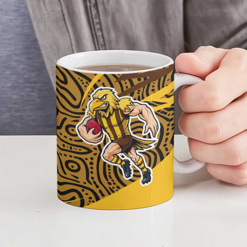 Hawthorn Hawks Australian Football Ceramic Mug Fierce Bird Mascot With Indigenous Pattern Art