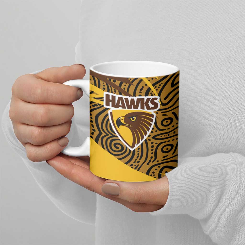 Hawthorn Hawks Australian Football Ceramic Mug Fierce Bird Mascot With Indigenous Pattern Art