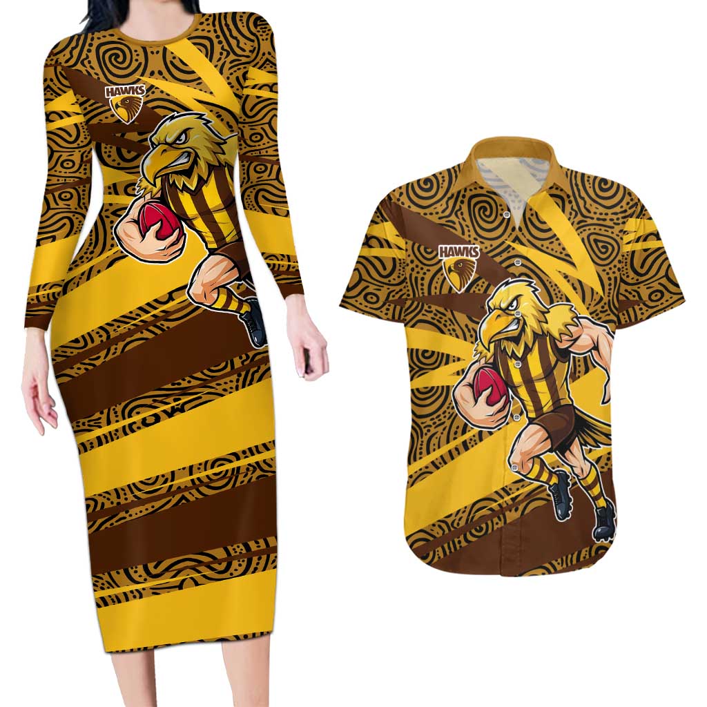 Hawthorn Hawks Australian Football Couples Matching Long Sleeve Bodycon Dress and Hawaiian Shirt Fierce Bird Mascot With Indigenous Pattern Art