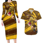Hawthorn Hawks Australian Football Couples Matching Long Sleeve Bodycon Dress and Hawaiian Shirt Fierce Bird Mascot With Indigenous Pattern Art