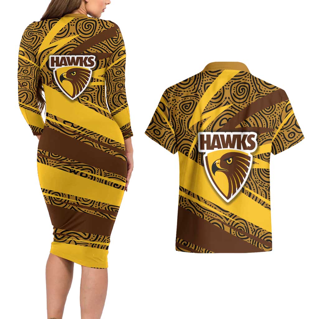 Hawthorn Hawks Australian Football Couples Matching Long Sleeve Bodycon Dress and Hawaiian Shirt Fierce Bird Mascot With Indigenous Pattern Art