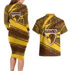 Hawthorn Hawks Australian Football Couples Matching Long Sleeve Bodycon Dress and Hawaiian Shirt Fierce Bird Mascot With Indigenous Pattern Art