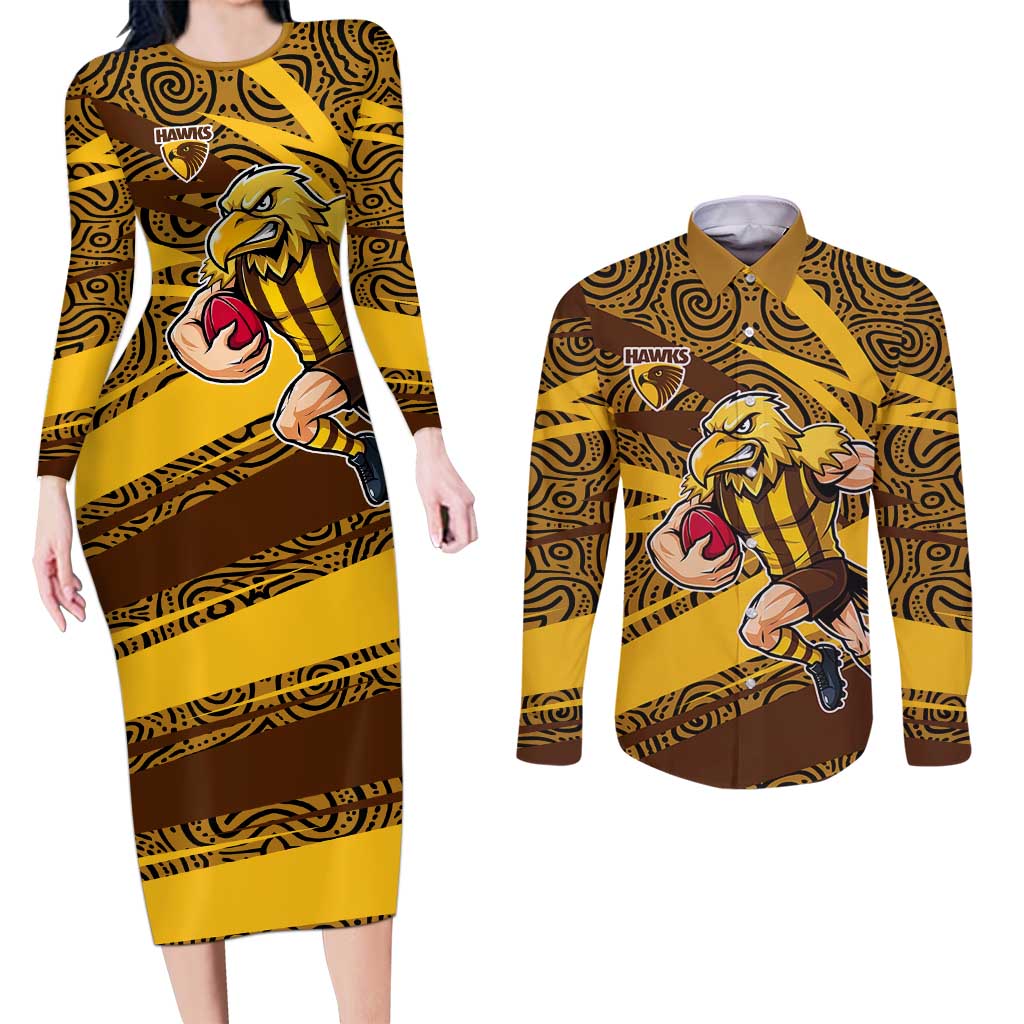 Hawthorn Hawks Australian Football Couples Matching Long Sleeve Bodycon Dress and Long Sleeve Button Shirt Fierce Bird Mascot With Indigenous Pattern Art