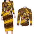 Hawthorn Hawks Australian Football Couples Matching Long Sleeve Bodycon Dress and Long Sleeve Button Shirt Fierce Bird Mascot With Indigenous Pattern Art