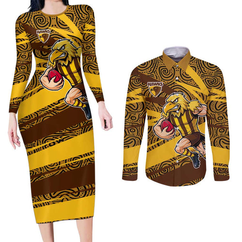 Hawthorn Hawks Australian Football Couples Matching Long Sleeve Bodycon Dress and Long Sleeve Button Shirt Fierce Bird Mascot With Indigenous Pattern Art