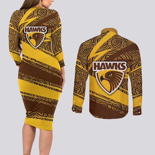 Hawthorn Hawks Australian Football Couples Matching Long Sleeve Bodycon Dress and Long Sleeve Button Shirt Fierce Bird Mascot With Indigenous Pattern Art