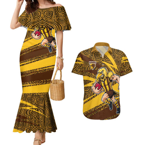 Hawthorn Hawks Australian Football Couples Matching Mermaid Dress and Hawaiian Shirt Fierce Bird Mascot With Indigenous Pattern Art