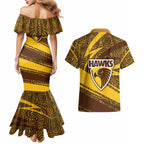 Hawthorn Hawks Australian Football Couples Matching Mermaid Dress and Hawaiian Shirt Fierce Bird Mascot With Indigenous Pattern Art
