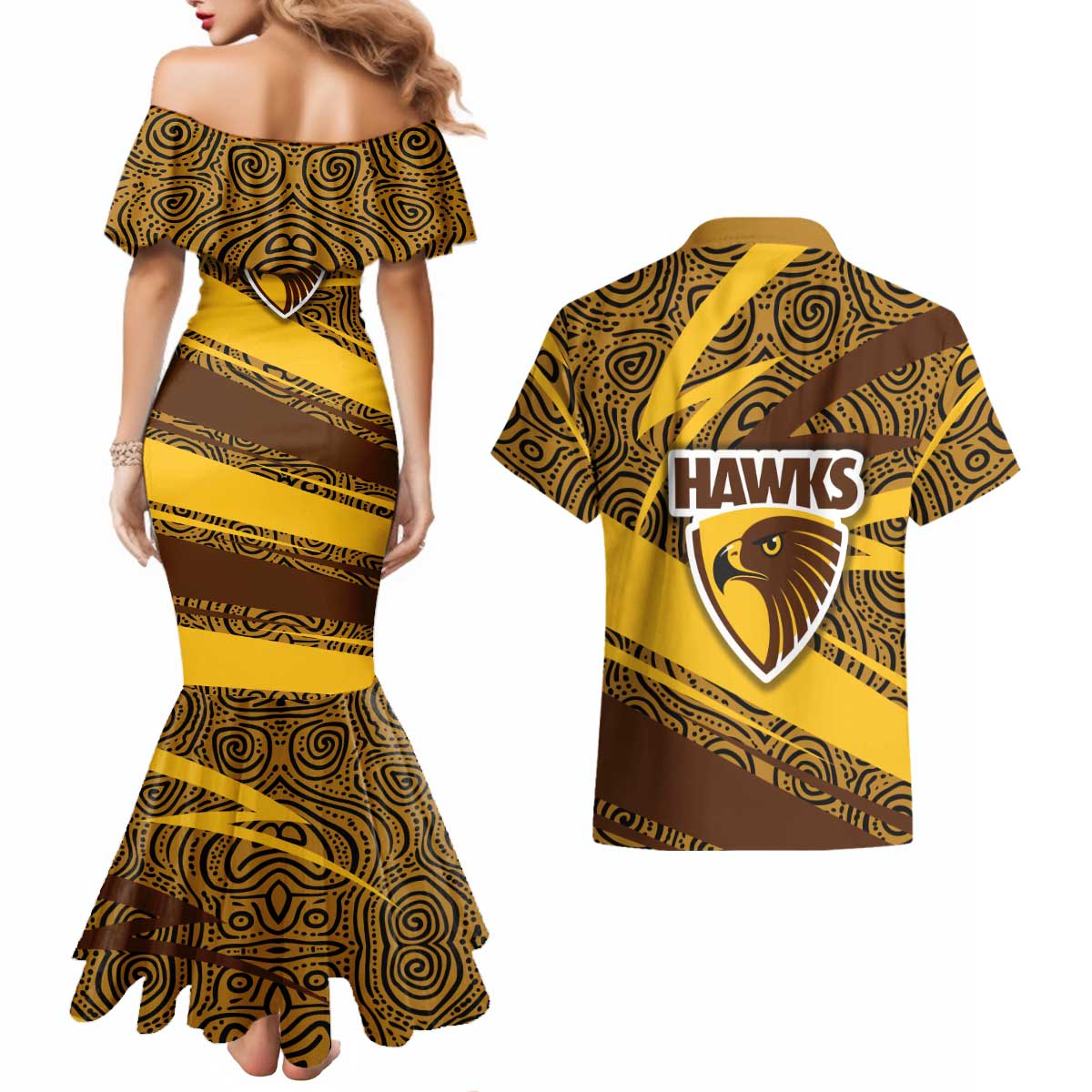 Hawthorn Hawks Australian Football Couples Matching Mermaid Dress and Hawaiian Shirt Fierce Bird Mascot With Indigenous Pattern Art