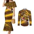 Hawthorn Hawks Australian Football Couples Matching Mermaid Dress and Long Sleeve Button Shirt Fierce Bird Mascot With Indigenous Pattern Art