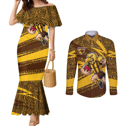 Hawthorn Hawks Australian Football Couples Matching Mermaid Dress and Long Sleeve Button Shirt Fierce Bird Mascot With Indigenous Pattern Art