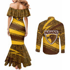 Hawthorn Hawks Australian Football Couples Matching Mermaid Dress and Long Sleeve Button Shirt Fierce Bird Mascot With Indigenous Pattern Art