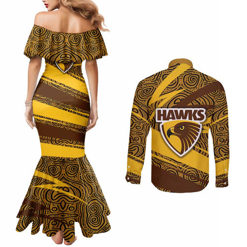 Hawthorn Hawks Australian Football Couples Matching Mermaid Dress and Long Sleeve Button Shirt Fierce Bird Mascot With Indigenous Pattern Art