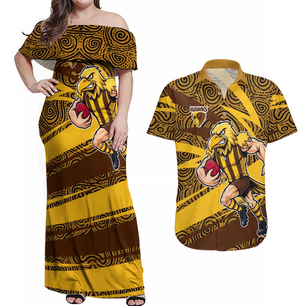 Hawthorn Hawks Australian Football Couples Matching Off Shoulder Maxi Dress and Hawaiian Shirt Fierce Bird Mascot With Indigenous Pattern Art