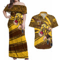 Hawthorn Hawks Australian Football Couples Matching Off Shoulder Maxi Dress and Hawaiian Shirt Fierce Bird Mascot With Indigenous Pattern Art