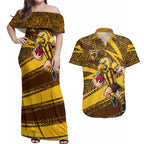 Hawthorn Hawks Australian Football Couples Matching Off Shoulder Maxi Dress and Hawaiian Shirt Fierce Bird Mascot With Indigenous Pattern Art