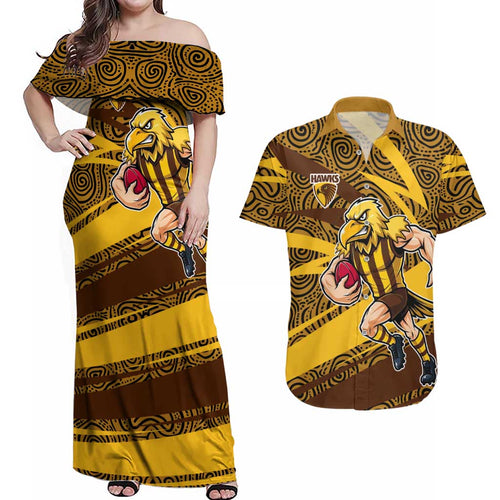 Hawthorn Hawks Australian Football Couples Matching Off Shoulder Maxi Dress and Hawaiian Shirt Fierce Bird Mascot With Indigenous Pattern Art
