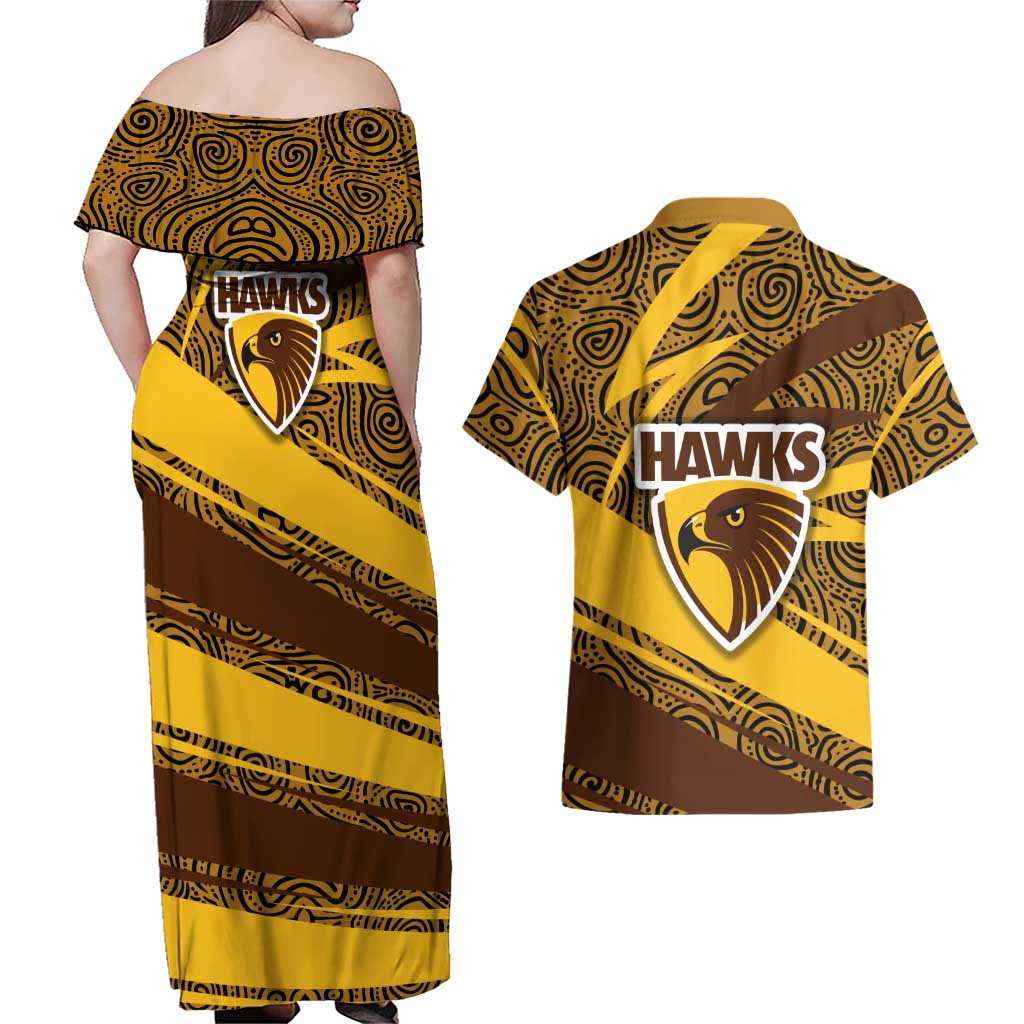 Hawthorn Hawks Australian Football Couples Matching Off Shoulder Maxi Dress and Hawaiian Shirt Fierce Bird Mascot With Indigenous Pattern Art