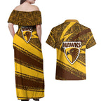 Hawthorn Hawks Australian Football Couples Matching Off Shoulder Maxi Dress and Hawaiian Shirt Fierce Bird Mascot With Indigenous Pattern Art