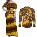 Hawthorn Hawks Australian Football Couples Matching Off Shoulder Maxi Dress and Long Sleeve Button Shirt Fierce Bird Mascot With Indigenous Pattern Art