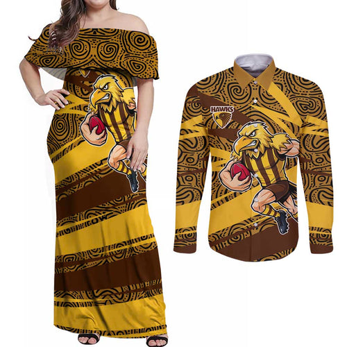 Hawthorn Hawks Australian Football Couples Matching Off Shoulder Maxi Dress and Long Sleeve Button Shirt Fierce Bird Mascot With Indigenous Pattern Art